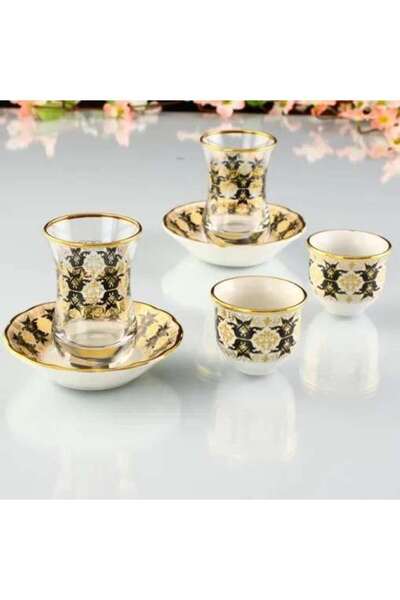 İnova Home Decor 18 Parça Dilek Sarı-Siyah Kahve Fincanlı Çay Seti