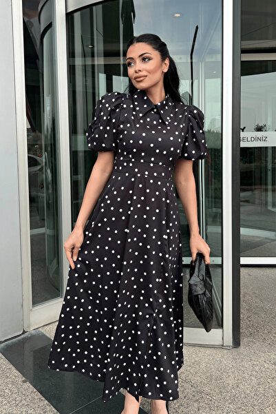 giyimmasalı Φόρεμα από κρεπ ύφασμα πουά Λεπτομερές μπαλόνι μανίκι - ΜΑΥΡΟ