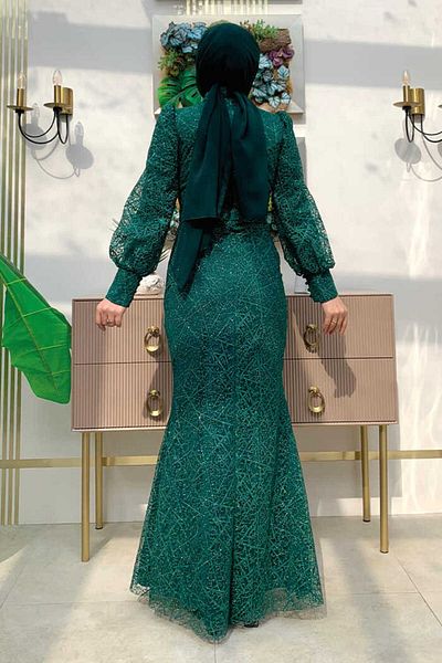 Bym Fashion Βραδινό φόρεμα 1144 Emerald με μοτίβο με μπαλόνι μανίκι