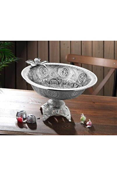 İnova Home Decor Çiçekli Gümüş Renk Metal Ayaklı Çerez-Lokum Kasesi