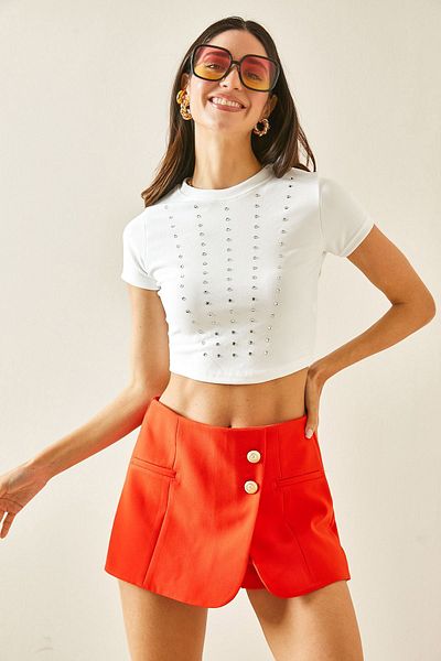 XHAN White Crew Neck Jewelled Crop Blouse 5YXK2-48470-01