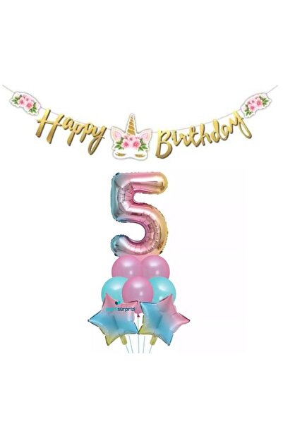 parti sürprizi مجموعة بالونات وقوس قزح منقوشة على شكل زهرة يونيكورن لعمر 5 سنوات