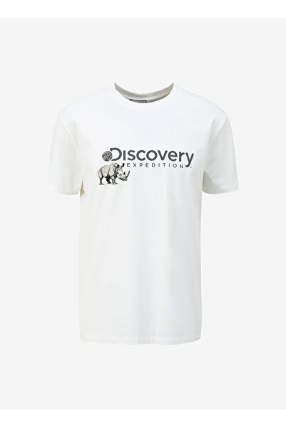 Discovery Expedition Beyaz Erkek Bisiklet Yaka Basic Fit Baskılı T-Shirt D4SM...