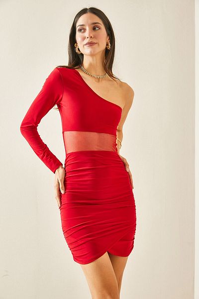 XHAN Red One Shoulder Draped Mini Dress 5YXK6-48479-04