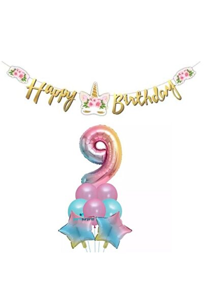 parti sürprizi مجموعة بالونات منقوشة بألوان قوس قزح وزهرة يونيكورن بعمر 9 سنوات