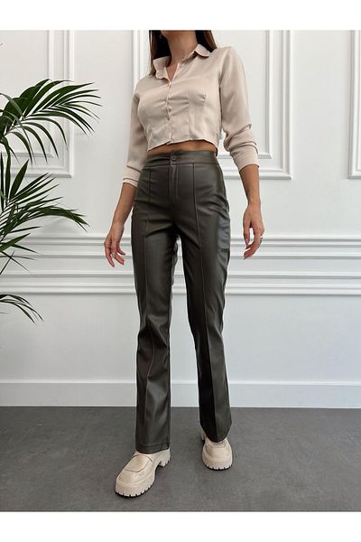 Maldia Shop Women's High Waist Soft Flare Leg Khaki Leather Pants