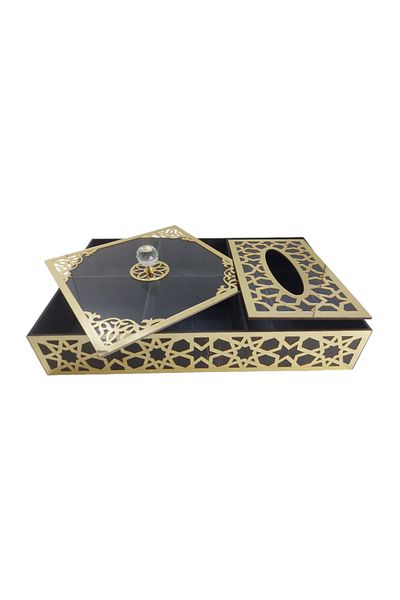 şamaksesuar Special Wooden Turkish Delight Chocolate Candy Nuts 4 Sections ( Black & Gold ) Napkin Box