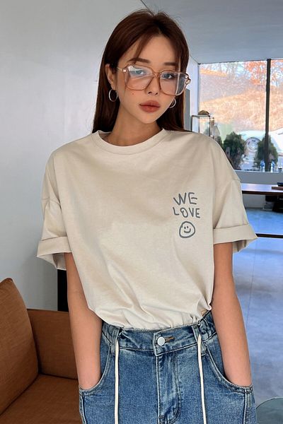 MODAGEN Μπλουζάκι Unisex Beige Crew Neck Whatever Printed Oversize T-shirt
