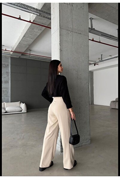 LAMİRAMOOD BEJ Palazzo Oversize Pantolon Kadın Kumas Dugmeli BEJ Bol Paça  Straight