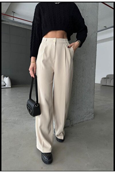 LAMİRAMOOD BEJ Palazzo Oversize Pantolon Kadın Kumas Dugmeli BEJ Bol Paça  Straight
