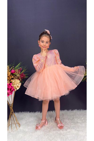 Little Pumpkin Παιδικό φόρεμα με παγιέτες 2 ετών Big Salmon Color Crinoline - Συνιστάται Slim Fit