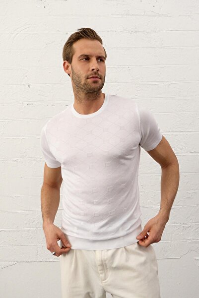 Danger Ανδρικό καλοκαιρινό πλεκτό μπλουζάκι με τετράγωνο σχέδιο Slim-fit λευκό