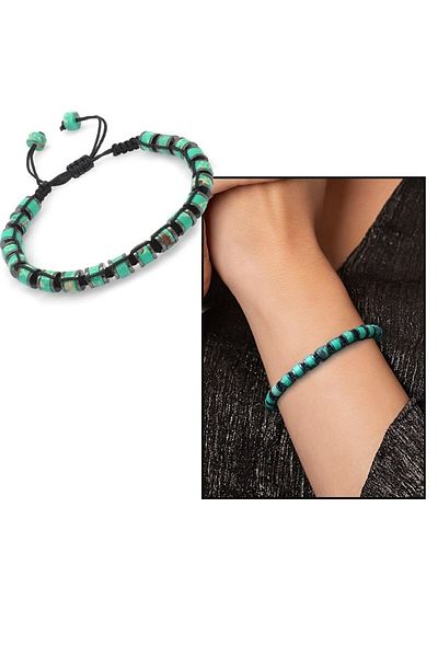 Tesbihane Cylinder Cut Macrame Braided Green Varicide-hematite Combination Natural Stone Women's Bracelet