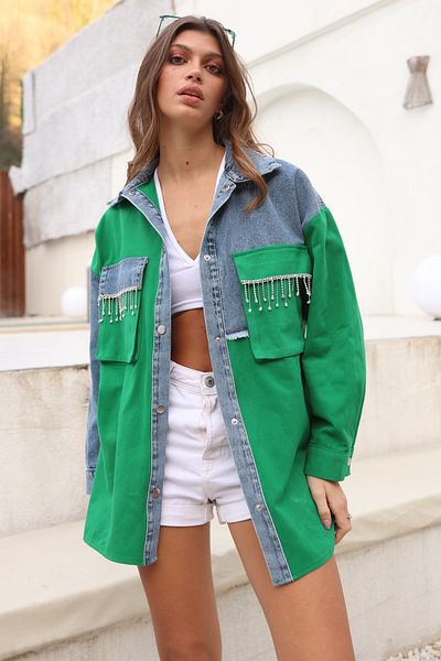 FEMELLE Jachetă de damă, verde, dublu cu buzunar cu apăsare, cu ciucuri de piatră, din denim