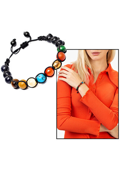 Tesbihane Makrome Örgülü Küre Kesim Çoklu Doğaltaş Yıldız-gezegen Kombinli Kadın Şans Bilekliği