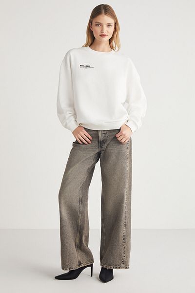 GRIMELANGE Dámská mikina JUNY uvolněného střihu s potiskem Crew Neck Ecru