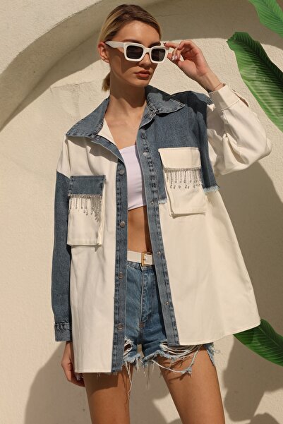 FEMELLE Women's White Double Pocket Snap Button Stone Tassel Denim Oversize Jacket