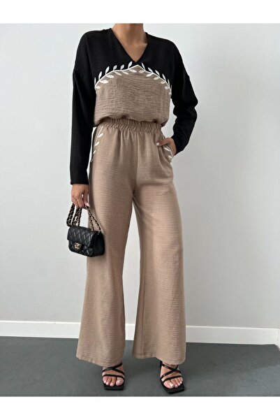 GİYSİ DÜNYASI بنطلون بلوزة من قماش الكتان مكون من قطعتين