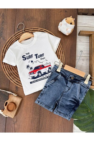Babexi Adventure Lycra Denim Short Shoulder Snap T-shirt Summer Baby Boy/Baby Set