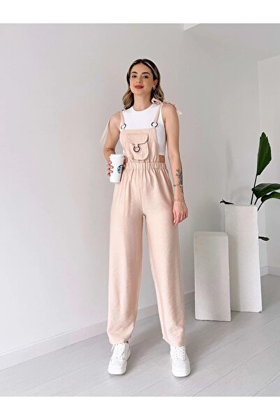 HARMONY GLOBAL Woman's Beige Ring Detailed Elastic Waisted Gardener Salopet 6041