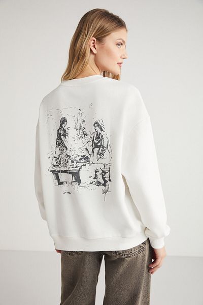 GRIMELANGE Dámská mikina JUNY uvolněného střihu s potiskem Crew Neck Ecru