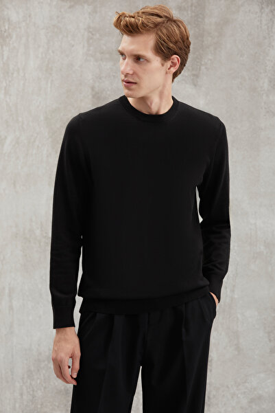 GRIMELANGE Battıs Men's 50% Cotton Special Silk Handle Anti-Pilling Soft Round Collar Black Sweater