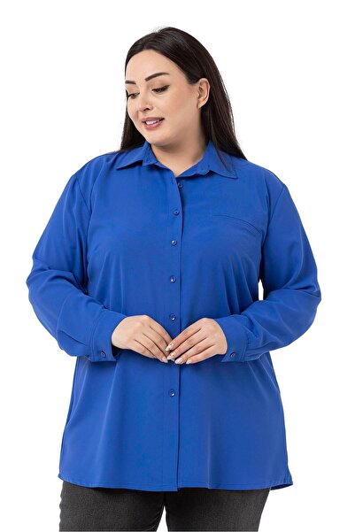 DISENTIS MODEST Large Size Ornamental Fleto Pocketed Saks Shirt with Cuffs