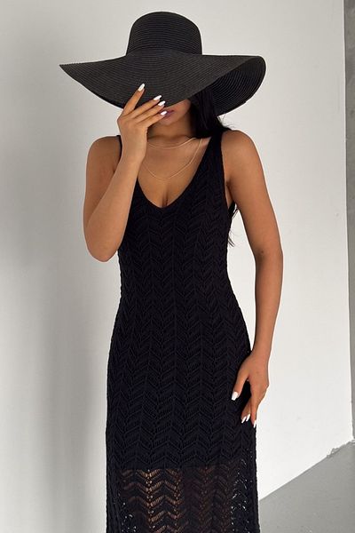vuvutasarım Gefüttertes Strickstoff-Midi-Strandkleid mit V-Ausschnitt und weiter Passform, schwarz, 2043