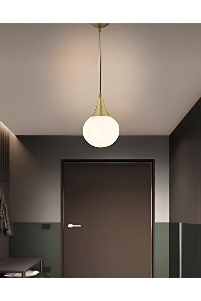 burenze Modern Beyaz Glop Camlı Avize Tekli Sarkıt Salon Oturma Odası Hol Antre Mutfak Avize Eskime Gold
