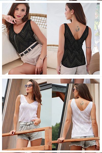 AQE FASHION Women's Front Back V-Neck Sleeveless Strap Glitter Detailed 2-Pack Blouse BLACK-WHITE