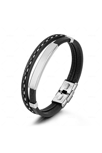 Tesbihane Retro Siyah Deri & Gümüş Renk Çelik Plakalı/mekanizmalı Kişiye Özel Harf/isim Yazılı Erkek Bileklik