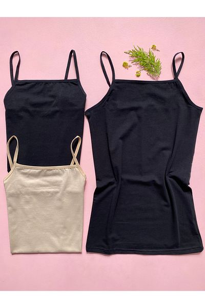LEYNA BUTİK Cotton Lycra 3 Pieces Women's String Strap Undershirt (2 Black - 1 Skin)