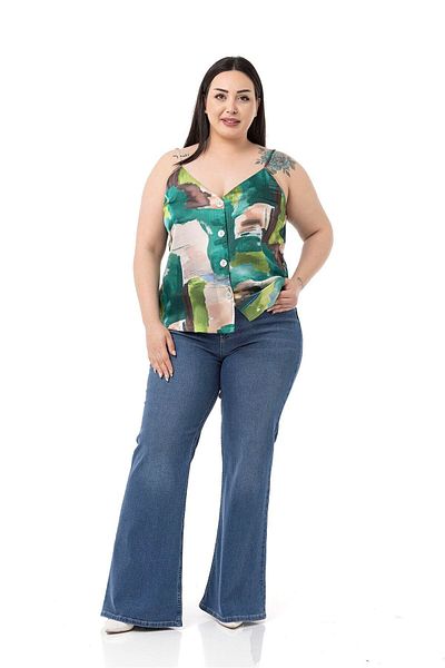 DISENTIS MODEST Plus Size Adjustable Thin Strap Buttoned Front Tie-Dye Patterned Green Blouse