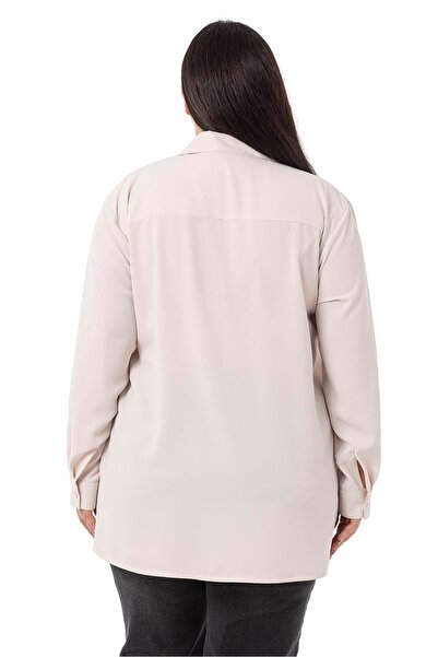 DISENTIS MODEST Plus Size Ornamental Fleto Beige Shirt with Pockets and Cuffs