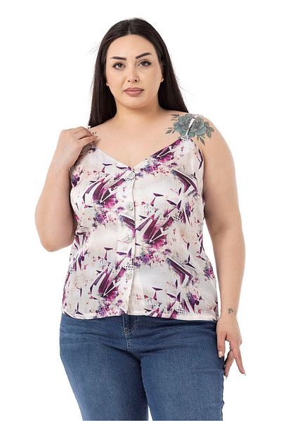 DISENTIS MODEST Plus Size Adjustable Thin Strap Buttoned Front Floral Print Purple Blouse