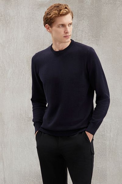 GRIMELANGE Battıs Herren-Pullover aus 50 % Baumwolle, spezieller Seidengriff, Anti-Pilling, weicher runder Kragen, Marineblau