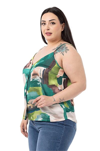 DISENTIS MODEST Plus Size Adjustable Thin Strap Buttoned Front Tie-Dye Patterned Green Blouse