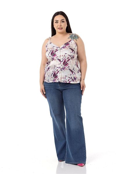 DISENTIS MODEST Plus Size Adjustable Thin Strap Buttoned Front Floral Print Purple Blouse