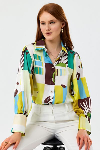 MD trend Cămașă oversize din satin cu umeri cu mâneci cu balon cu model floral