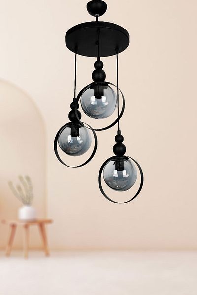 VENON Set of 3 Black Lighting Nature - Glass Pendant Lamp (Gulp Fume) Chandelier