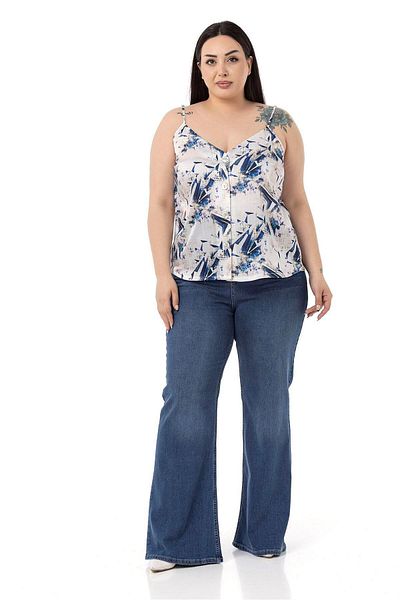 DISENTIS MODEST Plus Size Adjustable Thin Strap Buttoned Front Floral Print Navy Blue Blouse