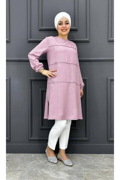 MYSTİL Kadın Yırtmaç Ve Taş  Detaylı Tesettür Tunik MDE24200223-080-Gül Kurusu