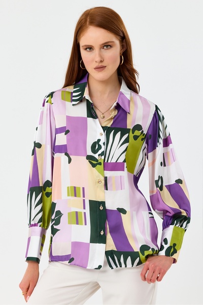 MD trend Γυναικείο σατέν πουκάμισο με φλοράλ στάμπα με μανίκια ώμου με κορδόνι