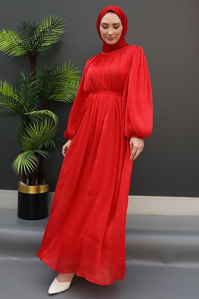 GİZ AGİYİM Balloon Sleeve Silk Dress Red