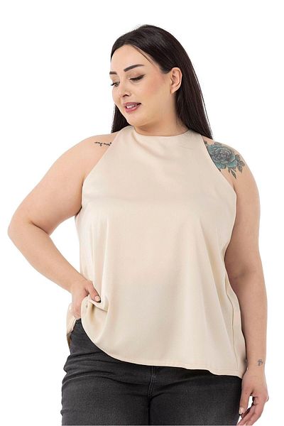 DISENTIS MODEST Plus Size Halter Neck Satin Textured Lined Cream Blouse