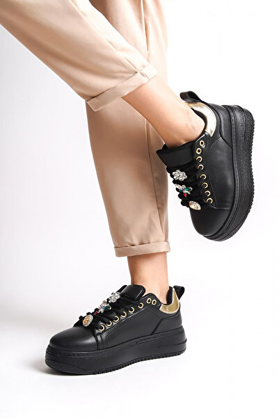 Rainon Store Rdsbrianna Black Leather Laced Orthopedic Sole Colorful Stone Decorated Women's Sports Shoes