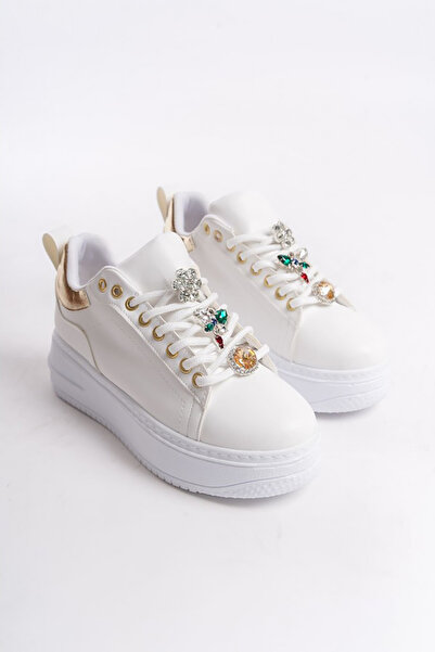 Rainon Store Rdsbrianna White Leather Laced Orthopedic Sole Colorful Stone Decorated Women's Sports Shoes