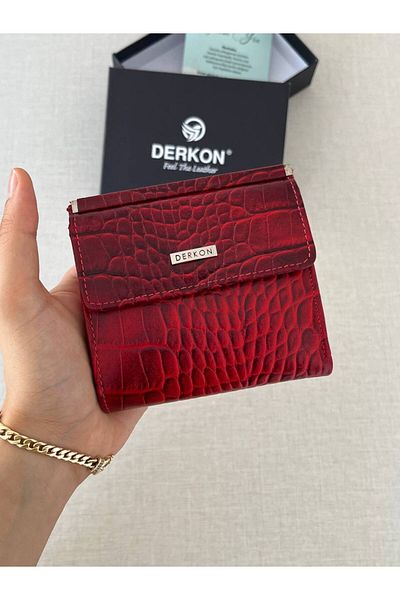 DERKON Juno Genuine Leather Mini Crocodile Patterned Red Wallet