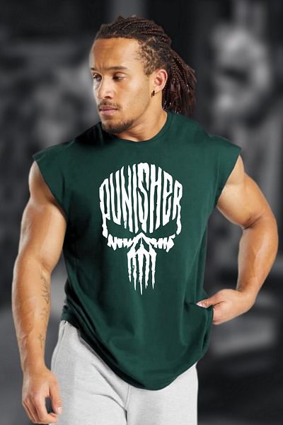 BESSA Men's Punisher Muscle Printed Mint Green Oversize Crew Neck Cotton Sleeveless Athlete