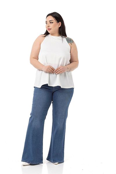 DISENTIS MODEST Plus Size Halter Neck Satin Textured Lined White Blouse